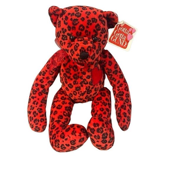 GUND Bear Red Black Wild Thing Animal Print Plush Stuffed Animal Heart and Bow - Picture 1 of 8